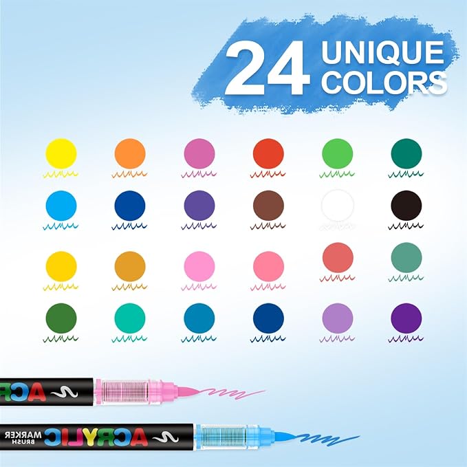 Guangna Acrylic Paint Markers Brush Tip, 24 Vivid Colors with Direct-Liquid Ink Control System, Professional-Grade Paint Pen for Rock Painting, Canvas, Glass, Plastic, Fabric, Eggs