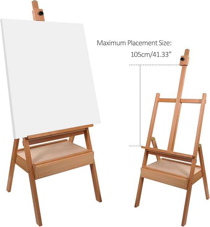 Beech Wood H-Frame Easel, 59"–75" Adjustable Height Studio Easel with Drawer & Shelf, 41" Canvas Holder 20KG Load, Heavy Duty Art Easel for Adults Artists Students Painting Display