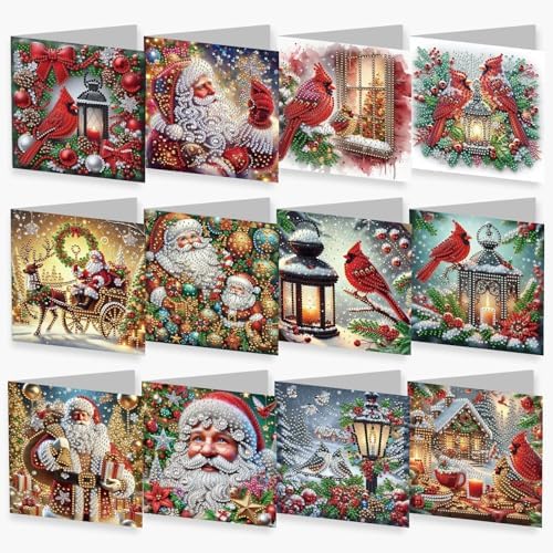 12Pcs Christmas Greeting Card DIY Diamond Art Painting Greeting Cards Blessing Folding Card Kit with White Envelopes Diamond Arts Crafts for Birthday Festival Gift-03