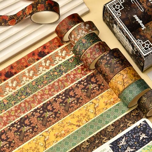 12 Rolls Chinoiserie Washi Tape Set Chinese Arts Adhesive Tapes Geometric Garden Decorative Masking Tape Sets for Craft, Kids, Scrapbook, DIY, Gift Wrapping (Almond Blossom Ridge)