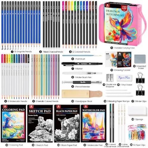 133 PCS Art Supplies Sketching Kit, Pro Drawing Pencils Art Kit Pink Gift