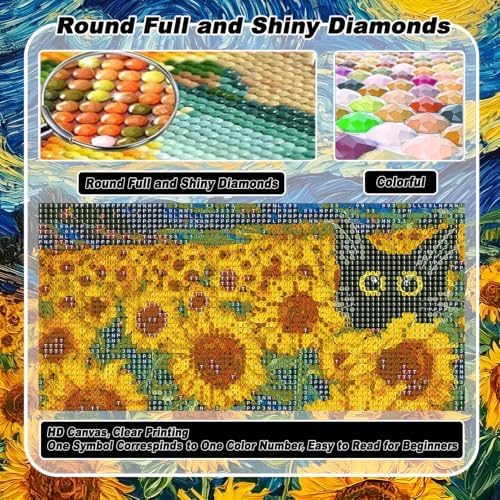 VeGuude Diamond Art Cat Kits for Adults, Full Drill Starry Night Sunflower Diamond Painting Kits for Beginners, DIY Full Rhinestone 5D Diamond dots (Gemstone Craft), Home Wall Decoration (12x16 inch)