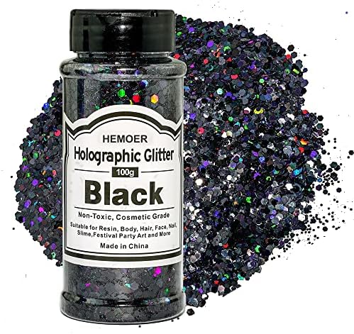 HEMOER Black Glitter, 100g/3.5oz Holographic Chunky Glitter Mixed Hexagon Chunky & Fine Flakes Iridescent Sequins for Epoxy Crafts, Resin, Nail Body, Tumblers, Festival Party