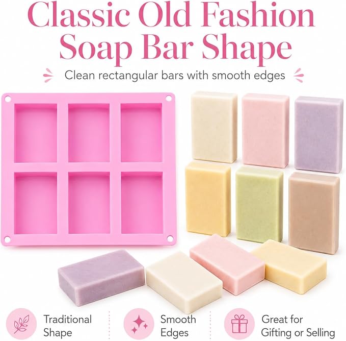 Old Fashion Soap Bar Mold Silicone 2 Pack – Rectangle 6 Cavity Soap Making Mold for Homemade Soap Bars (Flexible Nonstick Easy Release)