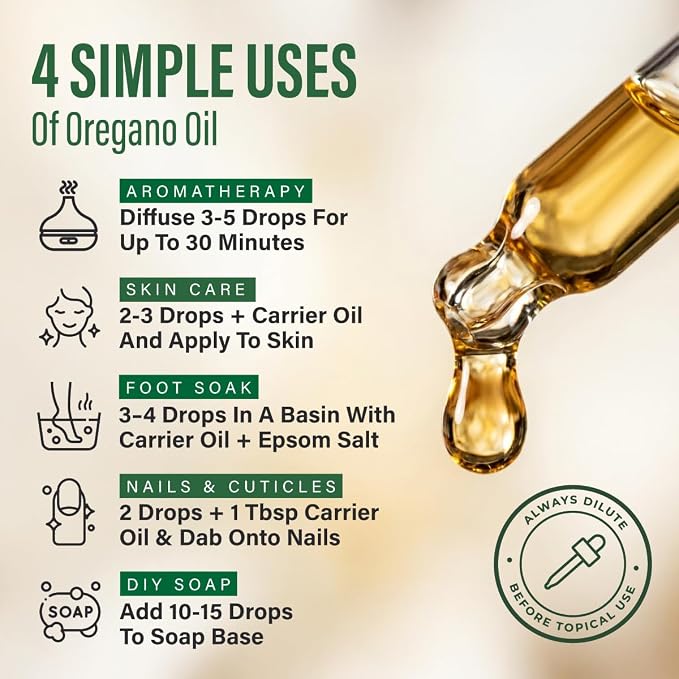 100% Pure Oregano Oil 4 Fl Oz - Oregano Essential Oil for Hair and Skin | Oil of Oregano for Nails, Foot Soak, Diffuser, Aromatherapy - Carvacrol-Rich, Non-GMO, Undiluted, with Dropper