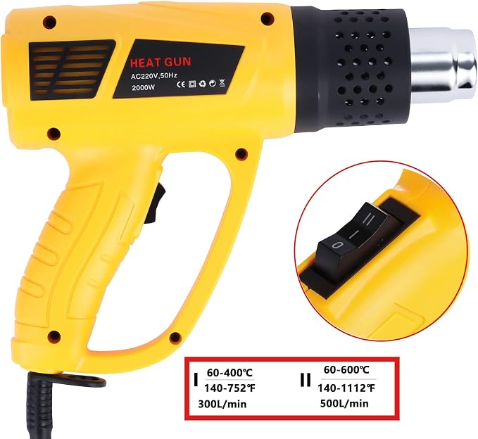 Heat Gun 2000W Fast Heating Hot Air Gun, 140℉-1112℉ Variable Temperature with 2 Speed Settings, Overheat Protection, 4 Nozzles for Shrink Wrapping, DIY Crafts, Home Repair