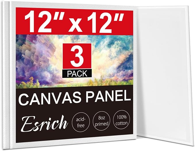 ESRICH Canvas for Painting, 3 Pack Square Canvas Boards for Painting 12x12 100% Cotton Primed Acid Free Blank Canvas Panels for Oil Paint, Watercolor, Acrylic Paint, Gouache and Tempera.