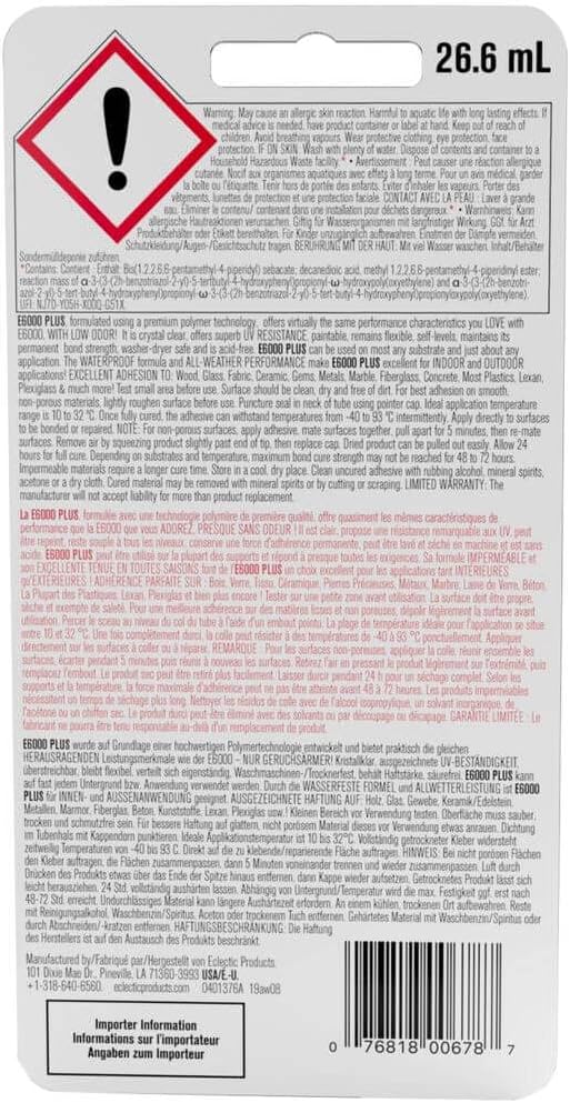 E6000 Eclectic Products inc. Plus Multi-purpose Clear Glue, Waterproof and Paintable, Strong Flexible Craft Adhesive for Wood, Glass, Fabric, Ceramic, Metal and More, 26.6ml