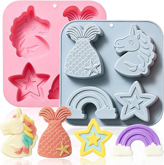 2 Pack Silicone Soap Molds, 4 Cavities Unicorn Star Rainbow Mermaid Tail Shaped Making Mold, Perfect for Handmade Soaps Lotion Bar Bath Bombs Ice Cube Chocolate Jelly Cake Making