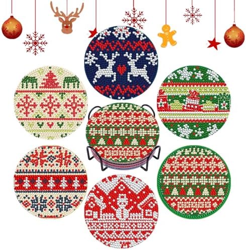 DOTSOPS Christmas Diamond Art Coasters with Holder 6 Pcs Diamond Painting Kits for Adults Beginners Diamond Craft Gem Art Dots Halloween Birthday