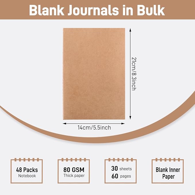 EOOUT 48pcs Blank Kraft Notebooks, Bulk Journals for Kids, 60 Pages/80GSM, 8.3 X 5.5 Inch, Travel Journal Set, for Travelers, Students and Office Supplies