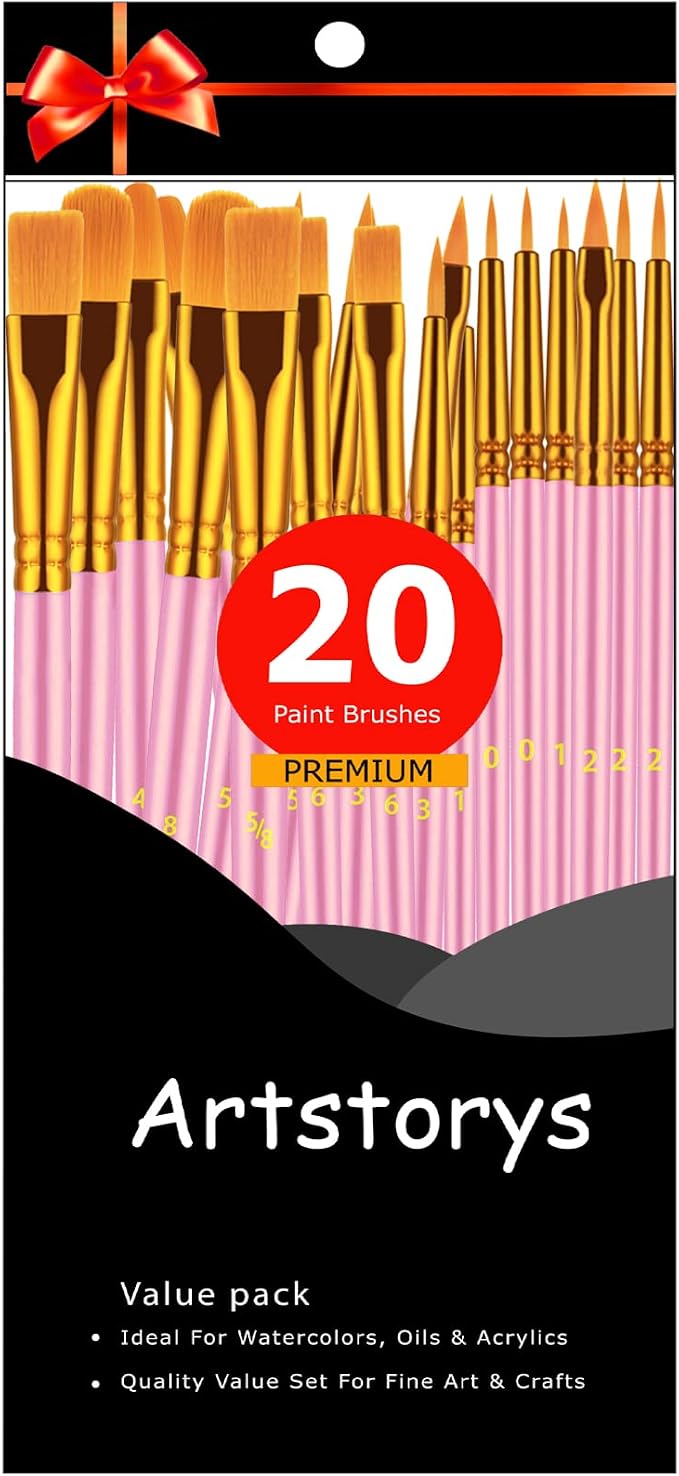 Artstorys Paint Brushes Set, 20 Pcs Acrylic Oil Watercolor Painting Brushes | Artist Paintbrush (Nylon Hair Wood Handles) for Adult Drawing, Great for Face, Rock & Canvas, Arts Craft Supplies, Blush