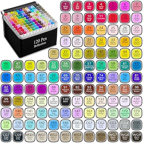 Brillcolors 120 Colors Alcohol Markers Set with Base Dual Tip Drawing Markers for Comics Coloring Sketching Illustration (120 White) -Refillable