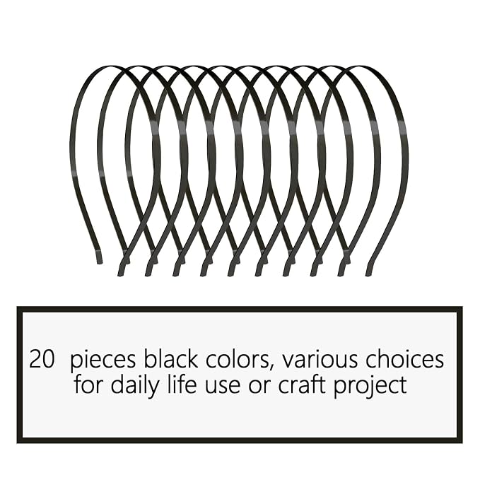 Lawie 20 Pack Bulk 5 MM Wide Thin Silver Gold Black Plain Blank Hard Metal Headbands Base Hair Bands Clasps Tiara DIY Craft Accessories for Women (Black)
