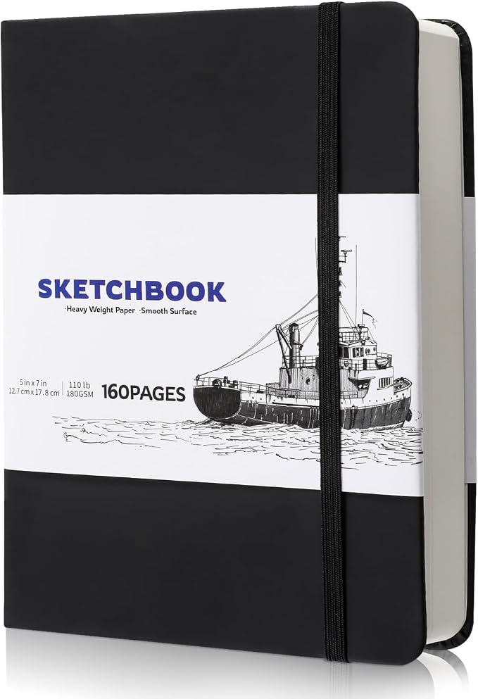 Hardcover Sketchbook 5×7 in, 180 GSM, 80 Sheets/160 Pages, Black | Acid-Free Heavy Paper, Pu Cover, Perforated Pages, Elastic Closure, Back Pocket, for Drawing & Sketching