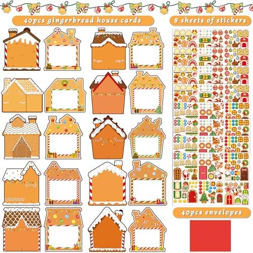 Seagoodbye 40PCS Christmas DIY Gingerbread House Cards Crafts Making Kits Bulk with Envelopes and Stickers, Xmas Make Your Own Holiday Greeting Card Gifts Party Supplies