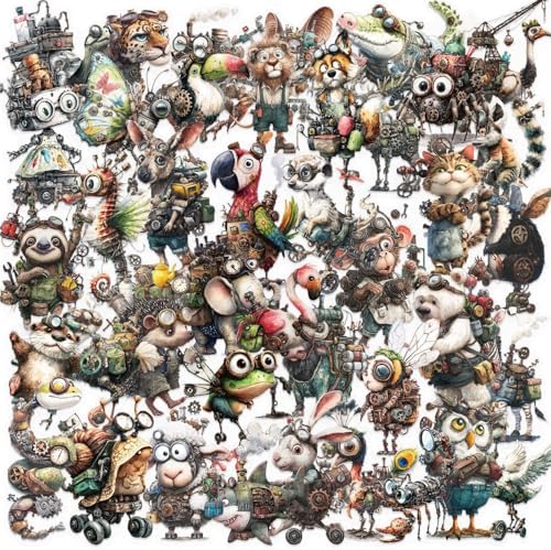 50PCS Steampunk Animal Stickers – Vintage Victorian Mechanical Creatures Waterproof Clear Stickers for Journaling, Scrapbooking, Crafts, Laptops, Art Projects