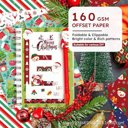 12in Christmas Decoupage Scrapbooking Paper Pad - 24 Sheets Xmas Decal Patterns Designed Material for Cardstock DIY Crafts Journals Folded Origami Gift Wrapping Supplies