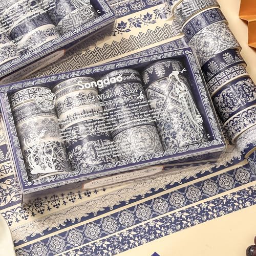 Blue & White Porcelain Washi Tape Set, Traditional Chinese Ceramic Pattern Decorative Masking Tapes, Oriental Art for Craft, Scrapbook, DIY, Gift Wrapping (2-Echoes of Blue/19 Rolls)