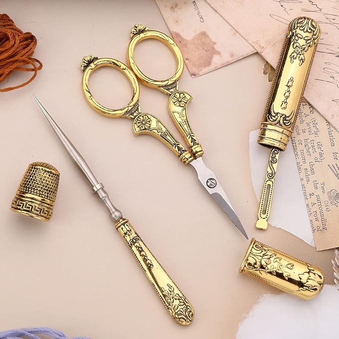 BUTUZE Embroidery Scissors Kit,European Antique Vintage Sewing Kit,Complete Vintage Sewing Tools with Embroidery Scissors,Original Case,Sewing Needle Case,Awl for Sewing,Craft,Needlework