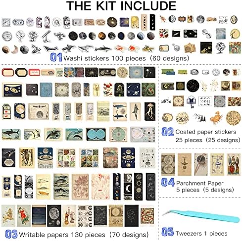 Aromoty 260 Pieces Vintage Art Scrapbooking Supplies Stickers,Aesthetic Washi Stickers Paper Kit Stationary Junk Bullet Journals,Daily Planner,DIY Craft Tweezers Cottagecore Decor