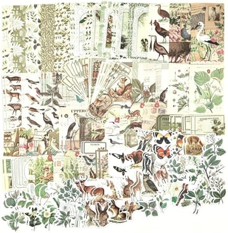 Esweny 200PCS Vintage Scrapbooking Supplies Pack, Aesthetic Scrapbook Sticker Paper Art Journaling Kit for Junk Journals,Planner,Cottagecore Decor Gifts (Green Series)