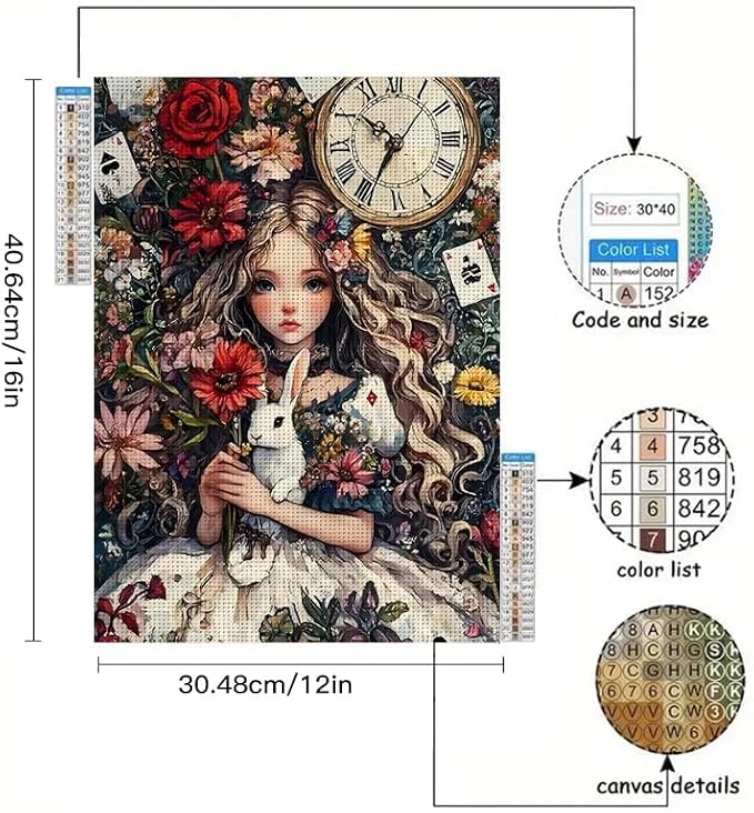 YUXUANKANG Diamond Painting Kits for Beginners，5D Diamond Art Kits for Adults, Diamond Art Club Diamond Painting Kits, Rabbit, Clock and Flowers 12X16 Inch