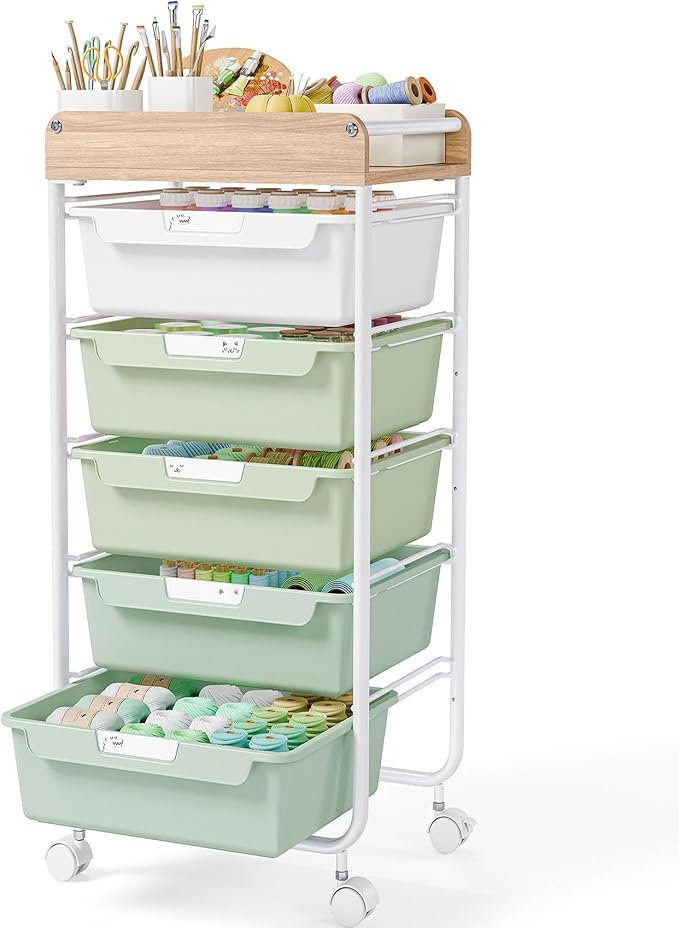 SYKIARIOL Utility Cart with Drawers,Craft Cart with 5 Drawers,Green | Art Supply Organizer,Rolling Drawer Cart,Craft Storage Cart,Storage Drawer Carts With DIY Lable and Wooden Tabletop Area