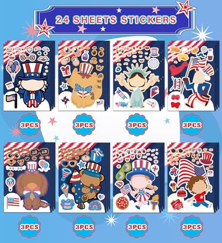 4th of July Outfits for Women - 24Pcs Patriotic Stickers, Make-a-face Stickers,Fourth of July Decorations Accessories Party Favors Supplies for Memorial Day Classroom DIY Crafts Party Decorations