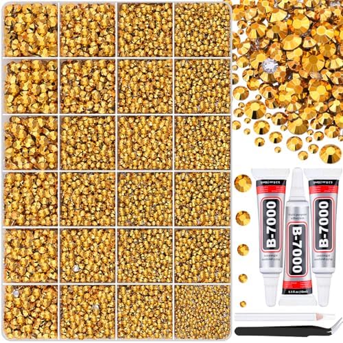 30000Pcs Mine Gold Rhinestones for Bedazzling with B7000 Jewelry Glue, Bedazzler Kit Bulk Flatback Gems, Resin Rhinestones for Crafting Crafts Clothing Shoes Fabric Nail Art Assorted Size 2/3/4/5/6mm