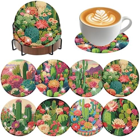 ijbnhd 8 Pcs Cactus Diamond Art Coasters Kit Diamond Painting Coasters