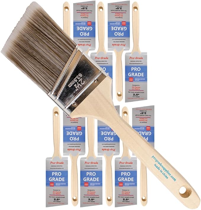 Pro Grade Paint Brushes, 2.5 Inch Angle Paint Brush, Walls & Trim, 12 Pack | Sash, cut-in & detail work | Furniture, cabinets & doors | Interior & exterior | Latex, oil & stain | Medium stiff bristles