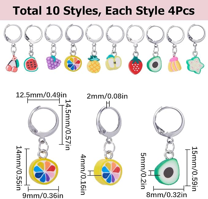 SUNNYCLUE 1 Box 40Pcs Stitch Markers Locking Crocheting Markers Knitting Fruit Polymer Clay Beads Removable Clip on Charm Leverback Clasps Crochet Stitch Marker for Yarns Knit Crocheting Sewing Adult