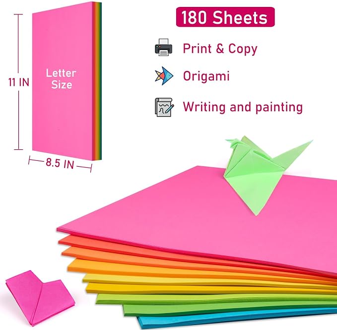 Colored Print&Copy Paper 8.5x11 Inches,180 Sheets 9 Colors Pastel A4 Printer Paper 20 lb/90GSM Colored Multipurpose Computer Pastel Paper for Office Printer School Cutting DIY