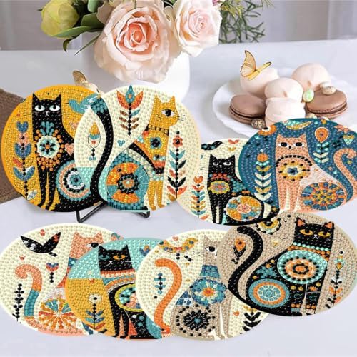 8 Pack Diamond Art Coasters Kit for Adults, Cat Diamond Painting Coasters