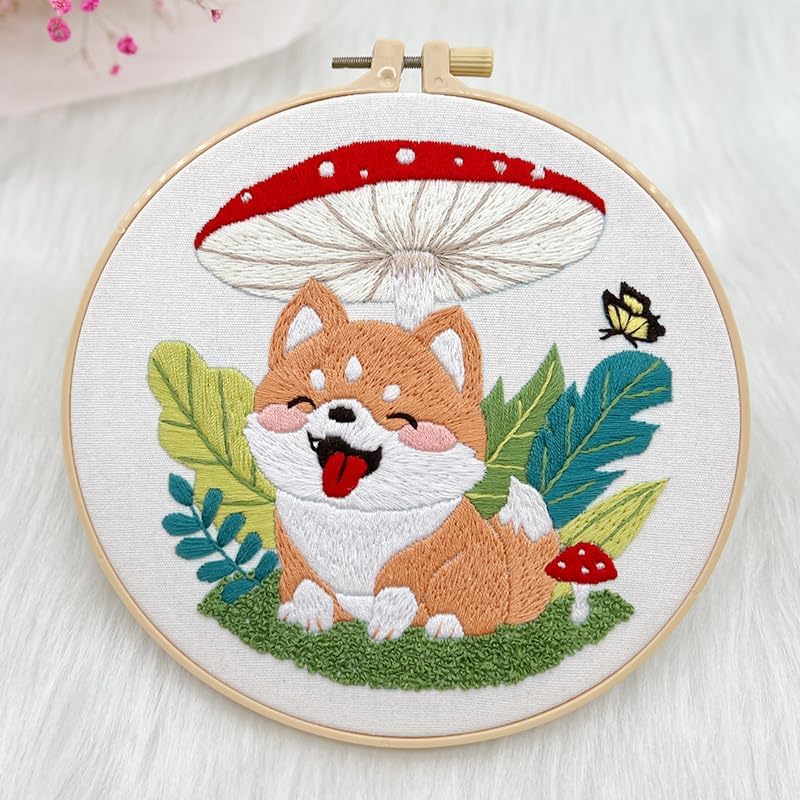 Dog & Mushroom Embroidery Kit for Beginners Handmade Gift
