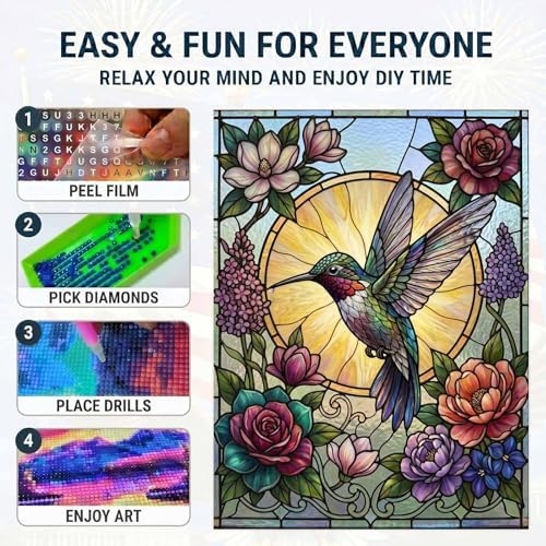 Stained Glass Diamond Art Kits for Adults, Hummingbird Diamond Painting
