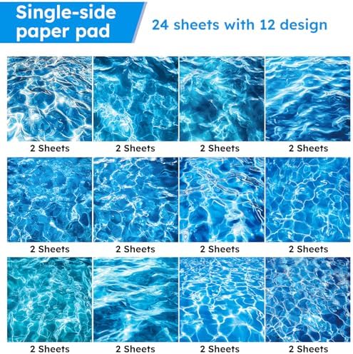 Blue Sea Scrapbooking Paper Pad - 24 Sheets Ripple Pattern Aesthetic Origami for Decor Scrapbook Collage Journals Decoupage Wrapping Folded Supplies Gift Cards DIY Crafts Photo Album