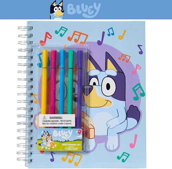 Bluey Sketchbook for Kids with Washable Markers, 86 Blank Pages Spiral Bound, Light Blue