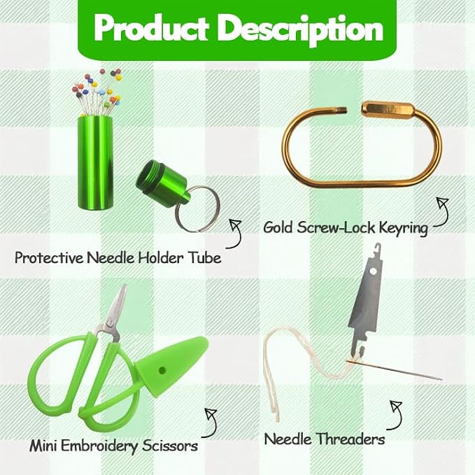 MAGNEECH Needlepoint Keychain Kit, Needlepoint Bag with Mini Embroidery Scissors, Needle Threader, Needle Holder Tube & Gold Keyring, Portable Cross Stitch Sewing DIY Crafts (Green)