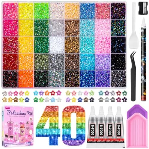 50000Pcs Bedazzling Kit with Rhinestones, 40 Colors 3mm Resin Jelly Flatback Gems, All-in-One Bedazzler Kit with 4Pcs B7000 Glue & Tools, DIY Diamond Art Craft Kit for Clothes Shoes Phone Cases Gifts