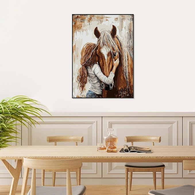 Girl Hugging Chestnut Horse Paint by Numbers Kit for Adults Beginner | Vintage Adult Paint by Number Kits on Canvas, Funny DIY Acrylic Oil Easy Painting by Numbers for Home Wall Decor&Gift12X16 in