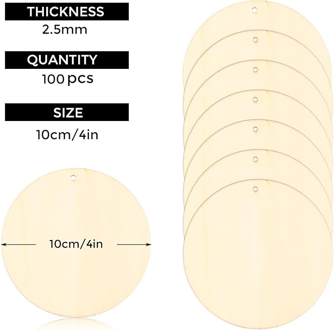 FSWCCK 100 PCS 4 Inch Wood Circles for Crafts – Round Blank Discs with Holes, Unfinished Wooden Cutouts for DIY, Painting, Staining, Coasters,Laser Engraving Sign Blanks, Ornament (4inch-100 Pack)
