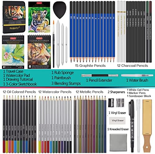PANDAFLY 80 Drawing Set Sketching Kit, Art Supplies with 3-Color Sketchbook