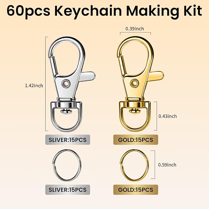 LEOBRO 60PCS Lobster Claw Clasps and Key Rings, Keychain Making kit, Keychains Clips and Key Chain Ring, Split Rings, for Key Chain, Jewelry Making, Art Crafts, Gold & Silver