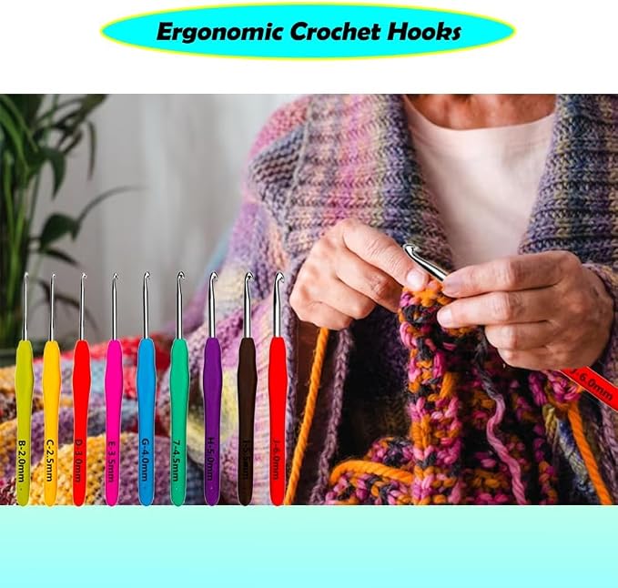 Yarniss 9 Sizes Ergonomic Crochet Hooks with Case 2.0mm~6.0mm for Beginner | Comfortable Crochet Hooks Set with Soft Grip