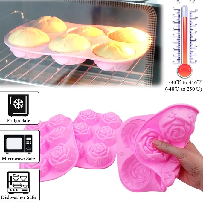 BAKER DEPOT Silicone Mold for Handmade Soap Cake Jelly Pudding Chocolate 6 Cavity Rose Flower Design, Set of 2 Pink