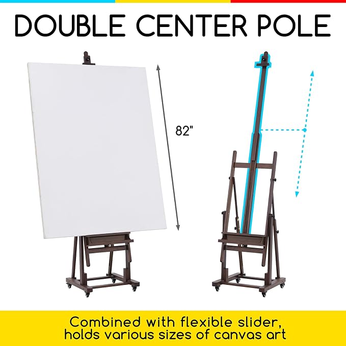 MEEDEN Extra Large Art Easel: H-Frame Wooden Heavy Duty Painting Easel | Solid Beech Wood Artist Professional Easel - Studio Painting Easel Stand with 4 Wheels, Hold Max 82" - Walnut