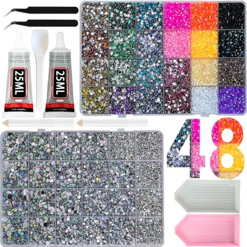 40,000 Pcs Rhinestone Bedazzling Kit, 24 Colors Nail Art Rhinestones with 24,000pcs 3mm & 16,000pcs Multi-Size AB Flatback Nail Gems, B7000 Glue, Diamond Painting Accessories for DIY Crafts