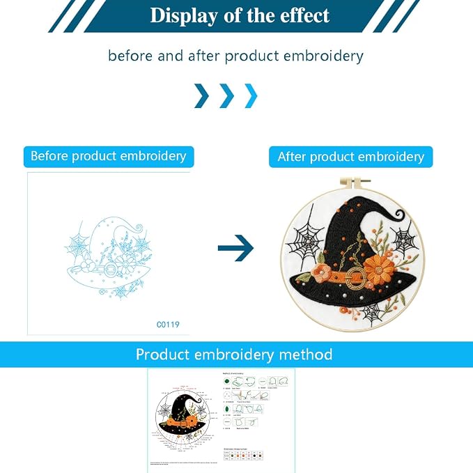 Zhenqing Halloween Witch Hat Embroidery Kit for Beginners, Black Witch Hat Needlework Kit with Pre-Printed Cotton Fabric, Hoop, Threads & Tools, Spooky Fall Decor (C0119)